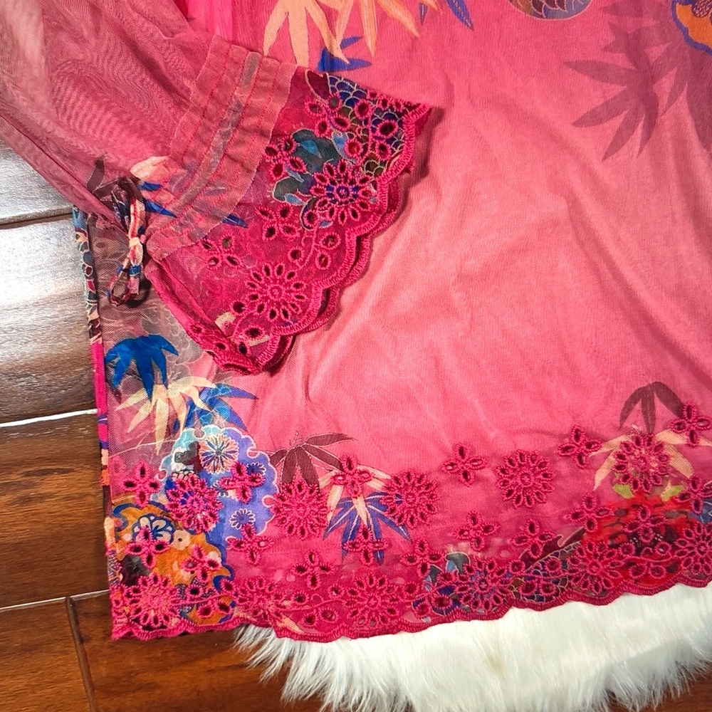 Johnny Was Sheer Floral Tie-Neck Blouse in Red and Pink - Picture 2 of 7